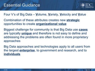 Apr-12
© IDC
Essential Guidance
Essential Guidance
Four V’s of Big Data – Volume, Variety, Velocity and Value
Combination of these attributes creates new strategic
opportunities to create organizational value
Biggest challenge for community is that Big Data use cases
are typically unique and therefore is not easy to define and
addressing the problems are often found in more proprietary
approaches
Big Data approaches and technologies apply to all users from
the largest enterprise, to government and research, and to
individuals
14
 