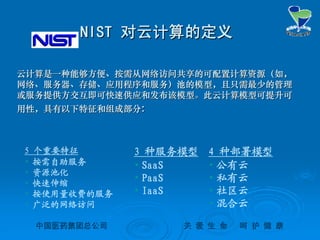 中国医药集团总公司中国医药集团总公司 关关 爱爱 生生 命命 呵呵 护护 健健 康康
NISTNIST 对云计算的定义对云计算的定义
云计算是一种能够方便、按需从网络访问共享的可配置计算资源（如，云计算是一种能够方便、按需从网络访问共享的可配置计算资源（如，
网络、服务器、存储、应用程序和服务）池的模型，且只需最少的管理网络、服务器、存储、应用程序和服务）池的模型，且只需最少的管理
或服务提供方交互即可快速供应和发布该模型。此云计算模型可提升可或服务提供方交互即可快速供应和发布该模型。此云计算模型可提升可
用性，具有以下特征和组成部分用性，具有以下特征和组成部分：：
3 种服务模型
• SaaS
• PaaS
• IaaS
4 种部署模型
• 公有云
• 私有云
• 社区云
• 混合云
5 个重要特征
• 按需自助服务
• 资源池化
• 快速伸缩
• 按使用量收费的服务
• 广泛的网络访问
 