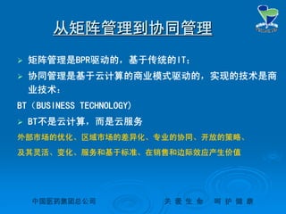 中国医药集团总公司中国医药集团总公司 关关 爱爱 生生 命命 呵呵 护护 健健 康康
从矩阵管理到协同管理从矩阵管理到协同管理
 矩阵管理是BPR驱动的，基于传统的IT；
 协同管理是基于云计算的商业模式驱动的，实现的技术是商
业技术：
BT（BUSINESS TECHNOLOGY)
 BT不是云计算，而是云服务
外部市场的优化、区域市场的差异化、专业的协同、开放的策略、
及其灵活、变化、服务和基于标准、在销售和边际效应产生价值
 
