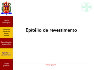 Tecido epitelial
Epitélio de revestimento
Especializações
de superfície
Definição e
função do
tecido
epitelial
Tecidos
histológicos
Epitélio de
revestimento
Epitélio
glandular
 