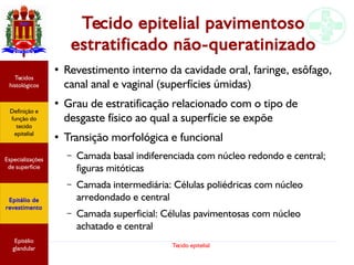 Tecido epitelial
Tecido epitelial pavimentoso
estratificado não-queratinizado
●
Revestimento interno da cavidade oral, faringe, esôfago,
canal anal e vaginal (superfícies úmidas)
●
Grau de estratificação relacionado com o tipo de
desgaste físico ao qual a superfície se expõe
●
Transição morfológica e funcional
– Camada basal indiferenciada com núcleo redondo e central;
figuras mitóticas
– Camada intermediária: Células poliédricas com núcleo
arredondado e central
– Camada superficial: Células pavimentosas com núcleo
achatado e central
Especializações
de superfície
Definição e
função do
tecido
epitelial
Tecidos
histológicos
Epitélio de
revestimento
Epitélio
glandular
 