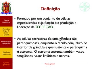 Tecido epitelial
Especializações
de superfície
Definição e
função do
tecido
epitelial
Tecidos
histológicos
Epitélio de
revestimento
Epitélio
glandular
Definição
●
Formado por um conjunto de células
especializadas cuja função é a produção e
liberação de SECREÇÃO.
●
As células secretoras de uma glândula são
parenquimosas, enquanto o tecido conjuntivo no
interior da glândula e que sustenta o parênquima
é estromal. O estroma sustenta também vasos
sangüíneos, vasos linfáticos e nervos. 
 