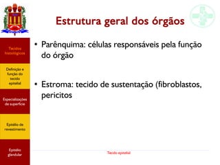 Tecido epitelial
Estrutura geral dos órgãos
● Parênquima: células responsáveis pela função
do órgão
●
Estroma: tecido de sustentação (fibroblastos,
pericitosEspecializações
de superfície
Definição e
função do
tecido
epitelial
Tecidos
histológicos
Epitélio de
revestimento
Epitélio
glandular
 