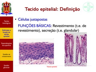 Tecido epitelial
Tecido epitelial: Definição
● Células justapostas
FUNÇÕES BÁSICAS: Revestimento (t.e. de
revestimento), secreção (t.e. glandular)
Especializações
de superfície
Definição e
função do
tecido
epitelial
Tecidos
histológicos
Epitélio de
revestimento
Epitélio
glandular
 