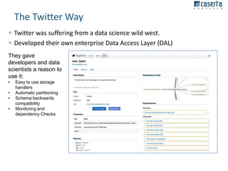 The Twitter Way
 Twitter was suffering from a data science wild west.
 Developed their own enterprise Data Access Layer (DAL)
They gave
developers and data
scientists a reason to
use it:
•
•
•
•

Easy to use storage
handlers
Automatic partitioning
Schema backwards
compatibility
Monitoring and
dependency Checks

 