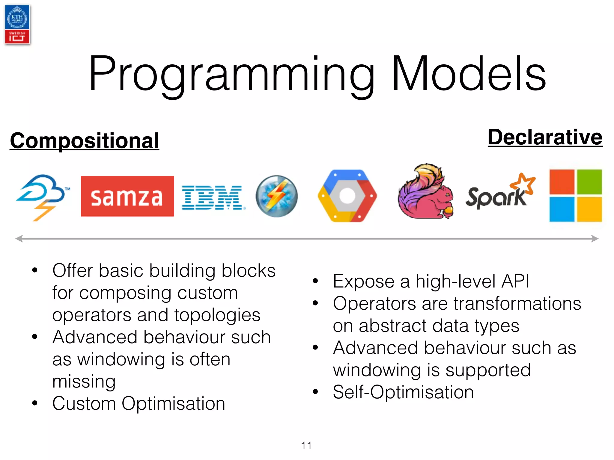 Programming Models
11
Compositional Declarative
• Offer basic building blocks
for composing custom
operators and topologies
• Advanced behaviour such
as windowing is often
missing
• Custom Optimisation
• Expose a high-level API
• Operators are transformations
on abstract data types
• Advanced behaviour such as
windowing is supported
• Self-Optimisation
 