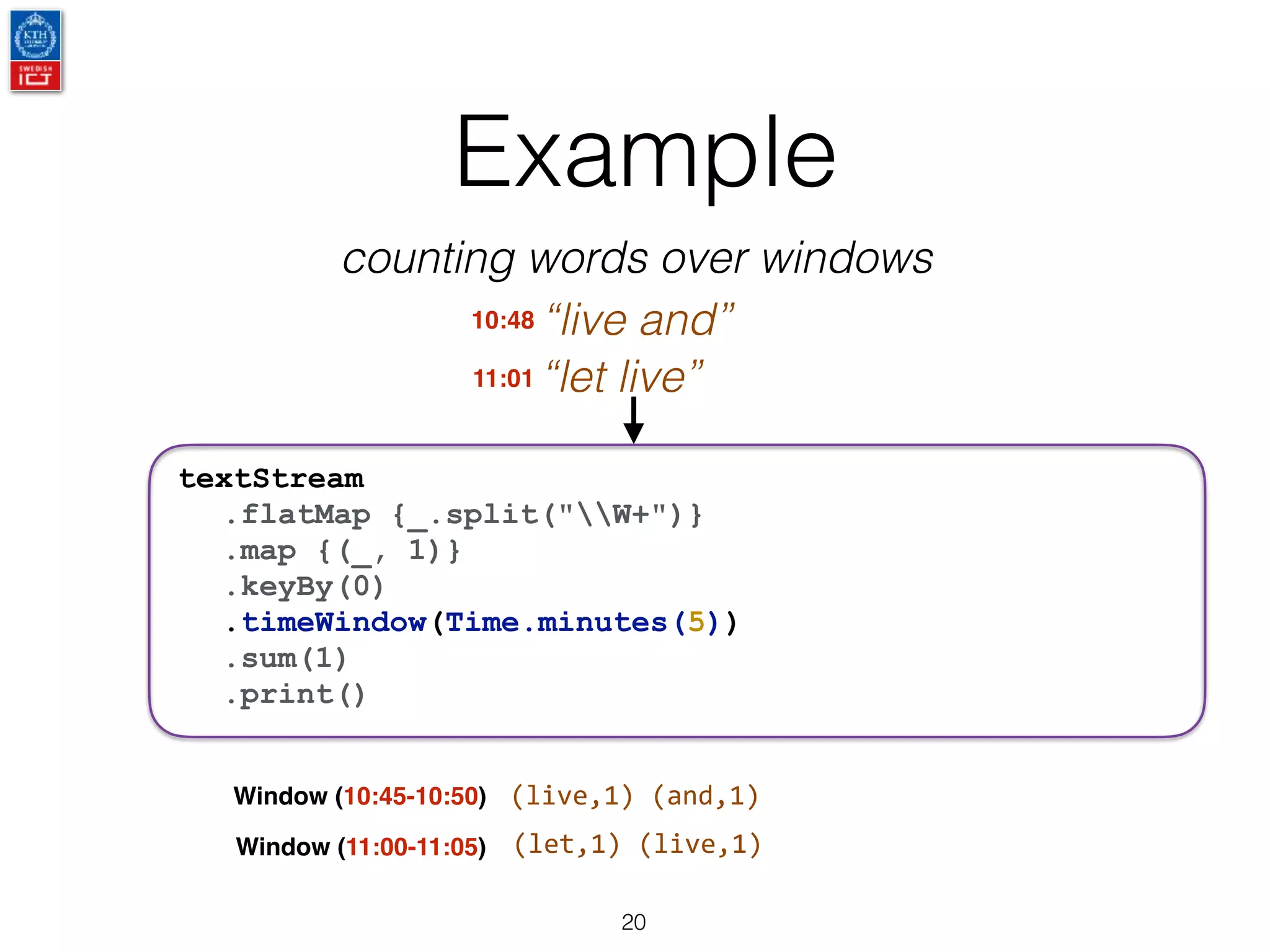 Example
20
textStream
.flatMap {_.split("W+")}
.map {(_, 1)}
.keyBy(0)
.timeWindow(Time.minutes(5))
.sum(1)
.print()
“live and”
(live,1)	(and,1)
(let,1)	(live,1)
counting words over windows
“let live”
10:48
11:01
Window (10:45-10:50)
Window (11:00-11:05)
 