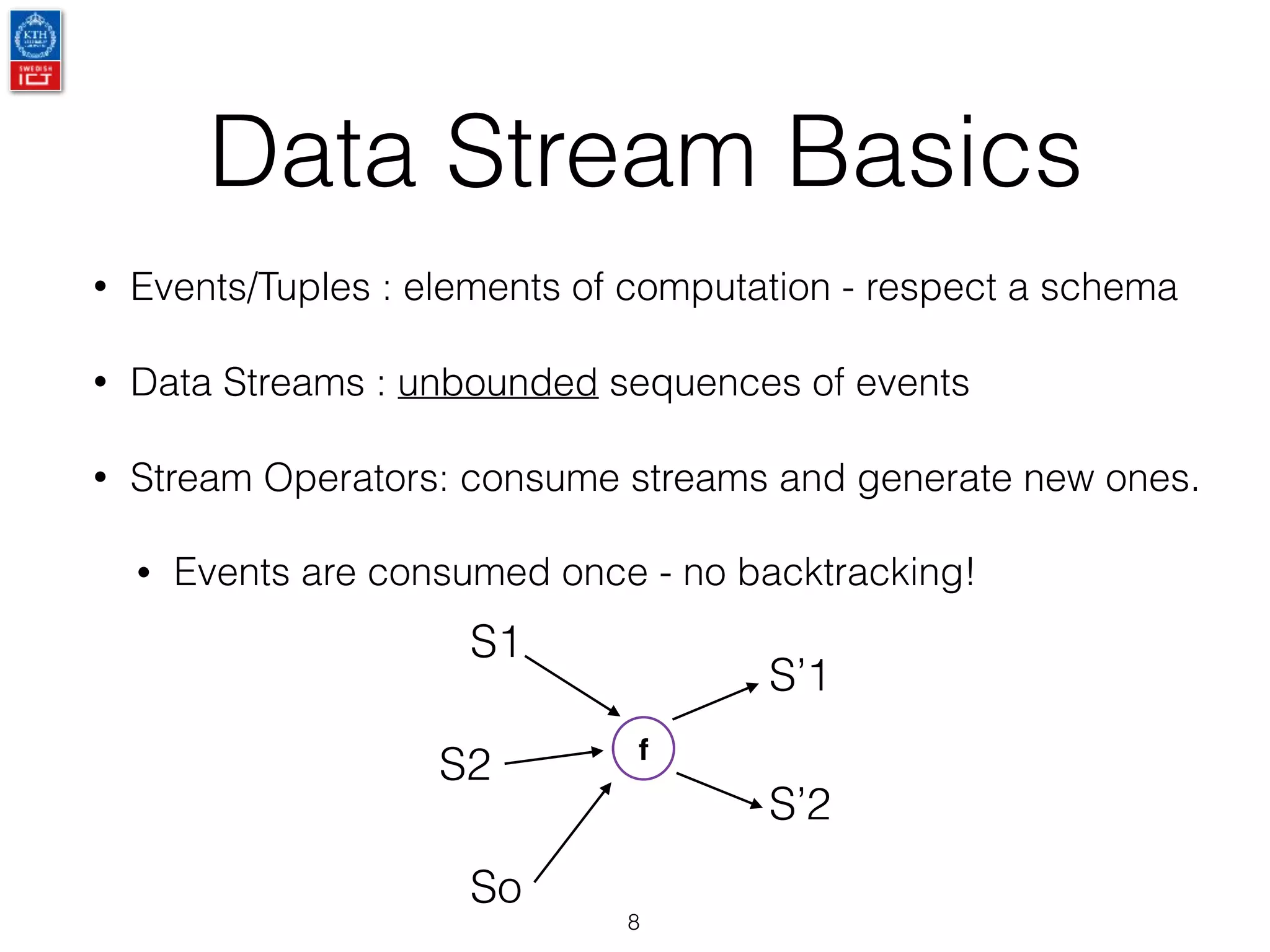 Data Stream Basics
• Events/Tuples : elements of computation - respect a schema
• Data Streams : unbounded sequences of events
• Stream Operators: consume streams and generate new ones.
• Events are consumed once - no backtracking!
8
f
S1
S2
So
S’1
S’2
 