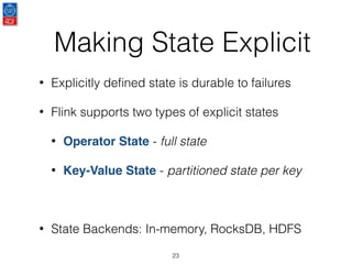 Making State Explicit
23
• Explicitly deﬁned state is durable to failures
• Flink supports two types of explicit states
• Operator State - full state
• Key-Value State - partitioned state per key
• State Backends: In-memory, RocksDB, HDFS
 