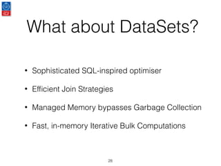 What about DataSets?
28
• Sophisticated SQL-inspired optimiser
• Efﬁcient Join Strategies
• Managed Memory bypasses Garbage Collection
• Fast, in-memory Iterative Bulk Computations
 
