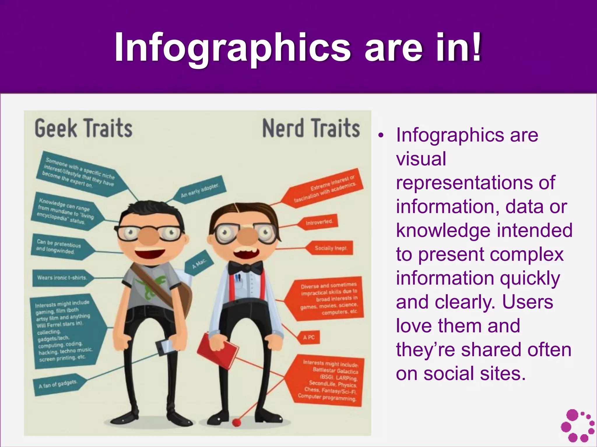 Infographics are in!
• Infographics are
visual
representations of
information, data or
knowledge intended
to present complex
information quickly
and clearly. Users
love them and
they’re shared often
on social sites.
 