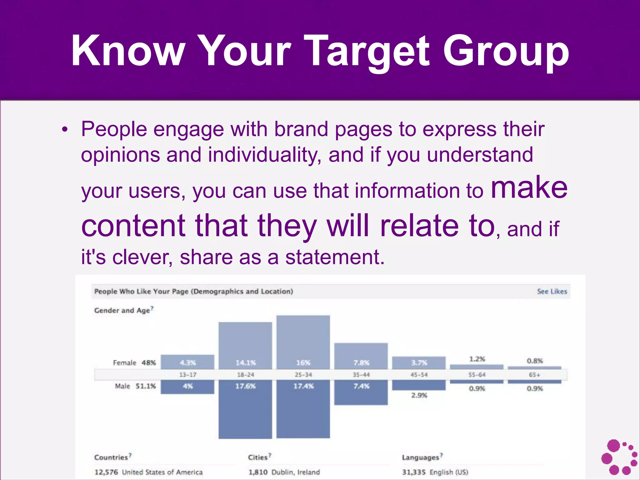 Know Your Target Group
• People engage with brand pages to express their
opinions and individuality, and if you understand
your users, you can use that information to make
content that they will relate to, and if
it's clever, share as a statement.
 