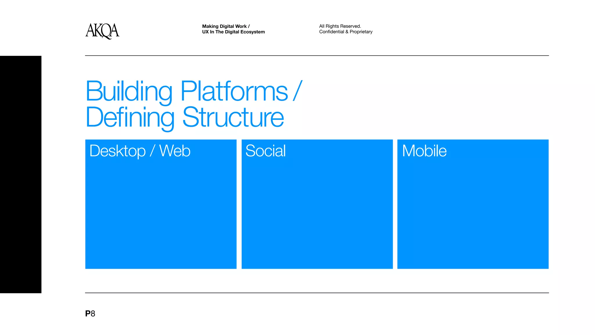 Making Digital Work /         All Rights Reserved.
                UX In The Digital Ecosystem   Confidential & Proprietary




Building Platforms /
Defining Structure
Desktop / Web                     Social                                   Mobile




P8
 