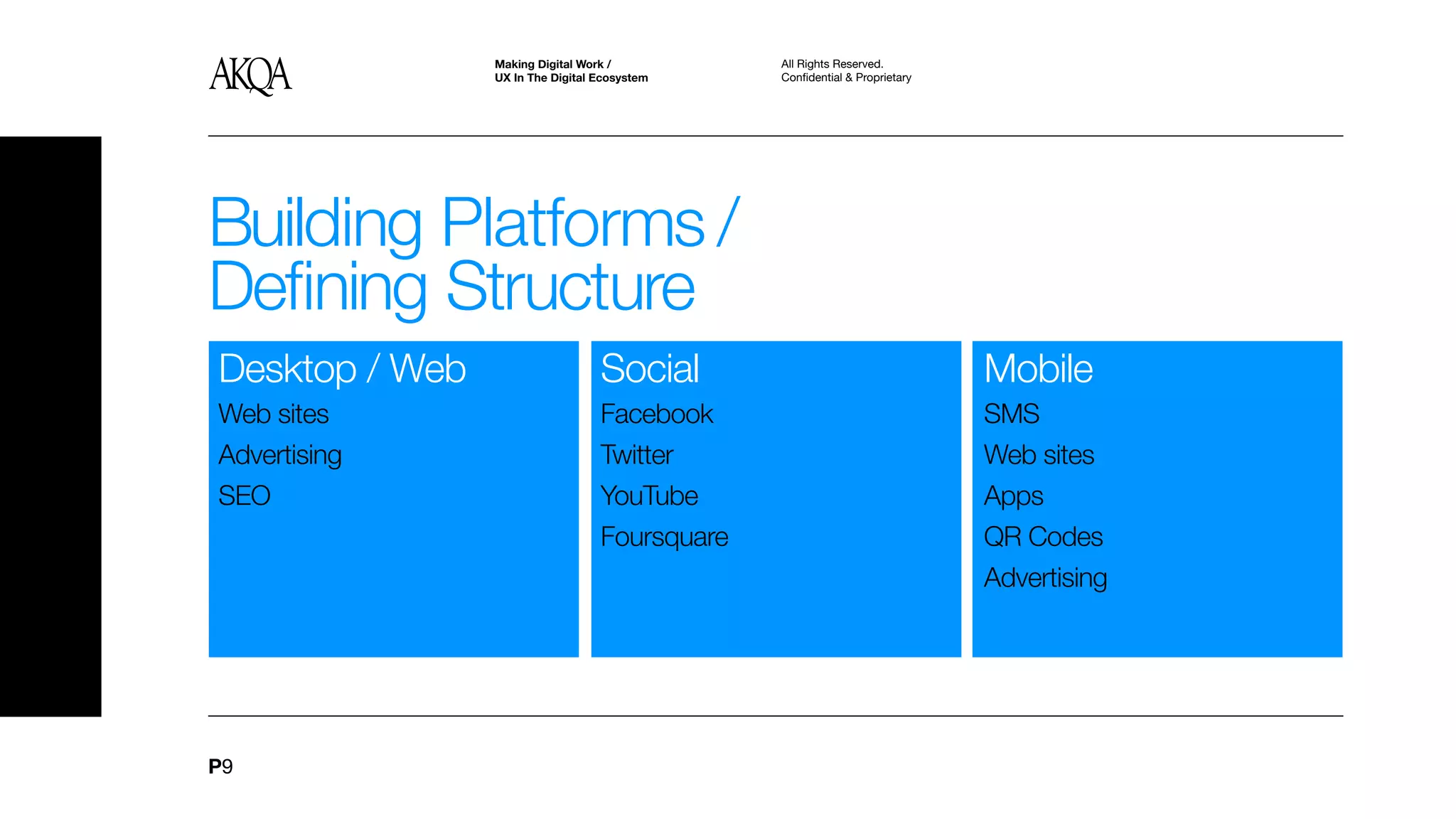 Making Digital Work /          All Rights Reserved.
                UX In The Digital Ecosystem    Confidential & Proprietary




Building Platforms /
Defining Structure
Desktop / Web                     Social                                    Mobile
Web sites                         Facebook                                  SMS
Advertising                       Twitter                                   Web sites
SEO                               YouTube                                   Apps
                                  Foursquare                                QR Codes
                                                                            Advertising




P9
 
