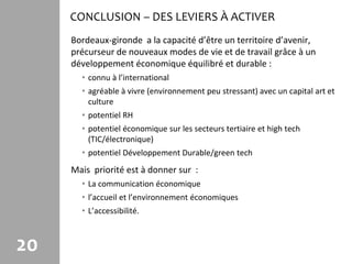 CONCLUSION – DES LEVIERS À ACTIVER
     Bordeaux-gironde a la capacité d’être un territoire d’avenir,
     précurseur de nouveaux modes de vie et de travail grâce à un
     développement économique équilibré et durable :
       • connu à l’international
       • agréable à vivre (environnement peu stressant) avec un capital art et
         culture
       • potentiel RH
       • potentiel économique sur les secteurs tertiaire et high tech
         (TIC/électronique)
       • potentiel Développement Durable/green tech
     Mais priorité est à donner sur :
       • La communication économique
       • l’accueil et l’environnement économiques
       • L’accessibilité.



20
 