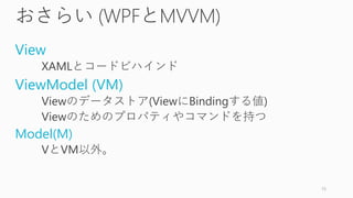 おさらい (WPFとMVVM)
View
XAMLとコードビハインド
ViewModel (VM)
Viewのデータストア(ViewにBindingする値)
Viewのためのプロパティやコマンドを持つ
Model(M)
VとVM以外。
15
 
