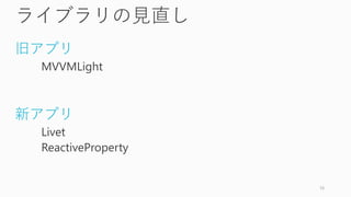 ライブラリの見直し
旧アプリ
MVVMLight
新アプリ
Livet
ReactiveProperty
16
 