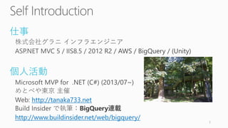 仕事
個人活動
http://tanaka733.net
http://www.buildinsider.net/web/bigquery/
2
 