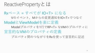 ReactivePropertyとは
Rxベース = すべてが IO<T> になる
Vのイベント、Mからの変更通知をIO<T>でつなぐ
ModelとViewModelを楽に定義
Modelプロパティを1行でRP<T> なVMのプロパティに
宣言的なVMのプロパティの定義
プロパティ間のつながりをRxを使って宣言的に記述
28
 