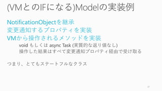 (VMとのIFになる)Modelの実装例
NotificationObjectを継承
変更通知するプロパティを実装
VMから操作されるメソッドを実装
void もしくは async Task (実質的な返り値なし)
操作した結果はすべて変更通知プロパティ経由で受け取る
つまり、とてもステートフルなクラス
37
 