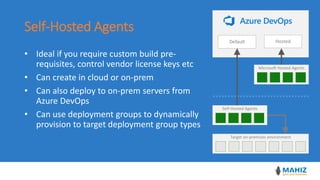 Self-Hosted Agents
• Ideal if you require custom build pre-
requisites, control vendor license keys etc
• Can create in cl...