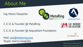 About Me
Ing. Marco Vasapollo
C. E. O. & Founder @ MetaRing
C. E. O. & Founder @ Aequalitam Foundation
Mail: ceo@metaring.com
Skype: marco.vasapollo
https://www.metaring.com
https://www.aequalitam.org
 