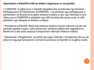 Veprimtaria e Këshillit te BE-se është e organizuar si me poshtë:

• COREPER. E gjithë puna e Këshillit përgatitet dhe koordinohet nga Komiteti i
Përfaqësuesve te Përhershëm (COREPER), i cili përbehet nga përfaqësuesit e
përhershëm ne Bruksel te te gjitha shteteve anëtare si dhe nga ndihmësit e tyre.
Vete puna e COREPER-it përgatitet nga 250 komitete dhe grupe pune, te cilat
përbëhen nga delegate te shteteve anëtare.

• Presidenca e Këshillit. Secili prej shteteve anëtare kryeson takimet e tij për një
periudhe gjashte mujore, duke promovuar vendimet politike dhe legjislative te
Bashkimit si dhe duke realizuar kompromisin ndërmjet shteteve anëtare.

• Sekretariati i Përgjithshëm. Ky është një organ ndihmës i Presidencës dhe ka për
detyre te siguroje funksionimin normal te punimeve te Këshillit ne te gjitha nivelet.
 