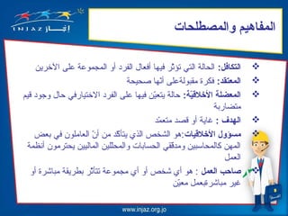 ‫المفاهيم والمصطلحات‬

     ‫التكافل: الحالة التي تؤثر فيها أفعال الفرد أو المجموعة على الرخرين‬
                                                  ‫رّ‬                      ‫‪‬‬
                                  ‫المعتقد: فكرة مقبولةعلى أنها صحيحة‬
                                              ‫رّ‬                          ‫‪‬‬
‫المعضل:ة اللخليقي:ة: حالة يتعين فيها على الفرد الرختيارفي حال وجود قيم‬
                                         ‫رّ‬             ‫ةّ‬                ‫‪‬‬
                                                              ‫متضاربة‬
                                          ‫الهدف : غاية أو قص د متعم د‬
                                            ‫رّ‬                            ‫‪‬‬
    ‫مسؤول اللخليقيات :هو الشخص الذي يتأك د من أن العاملون في بعض‬
                      ‫رّ‬       ‫رّ‬                                         ‫‪‬‬
 ‫المهن كالمحاسبين وم دققي الحسابات والمحللين الماليين يحترمون أنظمة‬
                            ‫رّ‬                   ‫رّ‬
                                                                  ‫العمل‬
   ‫صاحب العمل : هو أي شخص أو أي مجموعة تتأثر بطريقة مباشرة أو‬
                     ‫رّ‬                                                   ‫‪‬‬
                                                   ‫غير مباشرةبعمل معين‬
                                                     ‫رّ‬
 