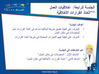 ‫الجلسة الرابعة: ألخليقيات العمل‬
                                            ‫“”اتخاذ القرارات اللخليقية‬
                                             ‫خّ‬                   ‫خّ‬

                                                              ‫أدهداف الجلسة‬
‫• التعر ف على كيفي ة تطبيق طريق ة ألخليقي ة تساعد في اتخاذ القرارا ت لحل‬
                   ‫ةّ‬                                   ‫ةّ‬         ‫ةّ‬
                                               ‫المعضل ت في مكان العمل‬
  ‫• التعر ف على كيفي ة تقييم التغيرا ت المحتمل ة في طريق ة اتخاذ القرارا ت‬
                ‫ةّ‬                          ‫ةّ‬          ‫ةّ‬         ‫ةّ‬



                                                ‫أدهم النشاطات في الجلسة‬
                         ‫النشاط الو ل ” المعضل ت في مكان العمل“‬
                                                          ‫ةّ‬            ‫•‬
              ‫• لنشاط الثاني ” اتخاذ القرارا ت اللخليقي ة في مكان العمل“‬
 