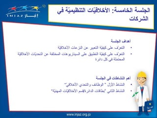 ‫الجلس ة الختامس ة: اللخليقيتات التنظيمي ة في‬
                                 ‫ةّ‬          ‫ةّ‬
                                                              ‫الشركتات‬


                                                                     ‫أهداف الجلس ة‬
                              ‫• التعر ف على كيفي ة التعبير عن النزعات اللخليقي ة‬
                                ‫ةّ‬                            ‫ةّ‬          ‫ةّ‬
‫• التعر ف على كيفي ة التطبيق على السيناريوهات المختلف ة عن التحديات اللخليقي ة‬
  ‫ةّ‬         ‫ةّ‬                                               ‫ةّ‬          ‫ةّ‬
                                                        ‫المحتمل ة في كل دائرة‬



                                                           ‫أهم النشتاطتات في الجلس ة‬
                                    ‫• النشاط الو ل ” الوظائف والتحدي اللخليقي“‬
                                      ‫ةّ‬                             ‫ةّ‬
                        ‫• النشاط الثاني ”بطايقات الدائرة/يقسم اللخليقيات المهني ة“‬
                            ‫ةّ‬           ‫ةّ‬
 