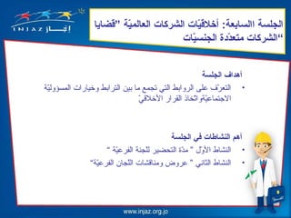 ‫الجلس ة االستابع ة: ألخليقيتات الشركتات العتالمي ة ”يقضتايتا‬
                             ‫ةّ‬                    ‫ةّ‬
                                             ‫“الشركتات متعددة الجنسيتات‬
                                                ‫ةّ‬          ‫ةّ‬


                                                        ‫أهداف الجلس ة‬
‫• التعر ف على الروابط التي تجمع ما بين الترابط ولخيارات المسؤولي ة‬
  ‫ةّ‬                                                          ‫ةّ‬
                                  ‫ةّ‬
                                  ‫التجتماعي ةواتخاذ القرار اللخليقي‬
                                                     ‫ةّ ةّ‬



                                             ‫أهم النشتاطتات في الجلس ة‬
                      ‫• النشاط الو ل ” مدة التحضير للجن ة الفرعي ة “‬
                           ‫ةّ‬         ‫ةّ‬          ‫ةّ‬     ‫ةّ‬
               ‫• النشاط الثاني ” عروض ومنايقشات اللجان الفرعي ة“‬
                   ‫ةّ‬         ‫ةّ‬
 