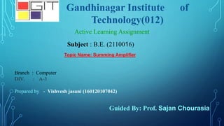 Gandhinagar Institute of
Technology(012)
Subject : B.E. (2110016)
Active Learning Assignment
Branch : Computer
DIV. : A-3
Prepared by : - Vishvesh jasani (160120107042)
Guided By: Prof. Sajan Chourasia
Topic Name: Summing Amplifier
 