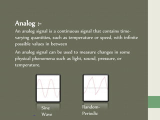 Sine
Wave
Random-
Periodic
Analog :-
An analog signal is a continuous signal that contains time-
varying quantities, such as temperature or speed, with infinite
possible values in between
An analog signal can be used to measure changes in some
physical phenomena such as light, sound, pressure, or
temperature.
 