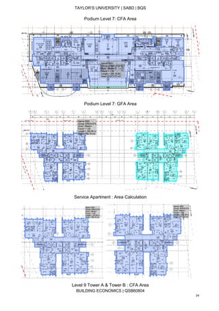 TAYLOR’S UNIVERSITY | SABD | BQS
BUILDING ECONOMICS | QSB60804
24
Podium Level 7: CFA Area
Podium Level 7: GFA Area
Service Apartment : Area Calculation
Level 9 Tower A & Tower B : CFA Area
 