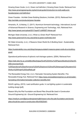 TAYLOR’S UNIVERSITY | SABD | BQS
BUILDING ECONOMICS | QSB60804
31
Growing Green Guide. (n.d.). Green roof definition | Growing Green Guide. Retrieved from
http://www.growinggreenguide.org/technical-guide/introduction-to-roofs-walls-and-
facades/green-roof-definition/
Green Facades - Architek Green Building Solutions | Architek. (2015). Retrieved from
http://architek.com/products/green-facades
Himanshu, R., & Akshay, C. (2017). Aluminium formwork technology. International Journal
of Advanced Research in Science, Engineering and Technology, 4(4). Retrieved from
http://www.ijarset.com/upload/2017/april/7-IJARSET-Himan.pdf
Michigan State University. (n.d.). What is a Green Roof? Retrieved from
http://www.greenroof.hrt.msu.edu/what-is-green-roof/index.html
NC State University. (n.d.). 4 Reasons Green Roofs Do A Building Good - Sustainability.
Retrieved from
https://sustainability.ncsu.edu/blog/changeyourstate/4-reasons-green-roofs-do-a-building-
good/
Operational performance of siphonic roof drainage systems. (2004). Retrieved from
https://web.sbe.hw.ac.uk/staffprofiles/bdgsa/Scott%20Arthur%20Papers/Building%20and%
20Environment%20-
%20Operational%20performance%20of%20siphonic%20roof%20drainage%20systems%2
0Arthur%20Wright%20Swaffield.pdf
The Renewable Energy Hub. (n.d.). Rainwater Harvesting System Benefits | The
Renewable Energy Hub. Retrieved from https://www.renewableenergyhub.co.uk/rainwater-
harvesting-information/rainwater-collection-benefits.html
RUUD Lighting. (2010). Leed certification guide. In Led lighting system in sustainable
building design [pdf].
Reason Why the Pile Foundation and Bored Piles Should Be Used in Construction
Ground Engineering Ltd.- Ground Engineering Ltd. Retrieved from
https://medium.com/@groundengineeringltd/reason-why-the-pile-foundation-and-bored-
piles-should-be-used-in-construction-85c439225c81
 