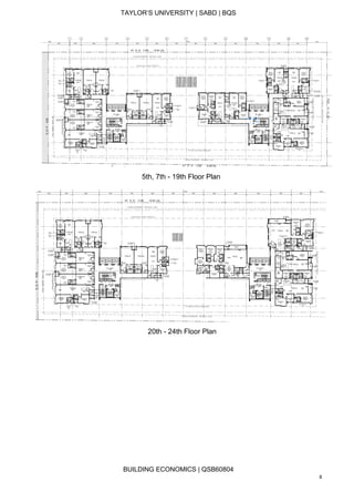 TAYLOR’S UNIVERSITY | SABD | BQS
BUILDING ECONOMICS | QSB60804
8
5th, 7th - 19th Floor Plan
20th - 24th Floor Plan
 