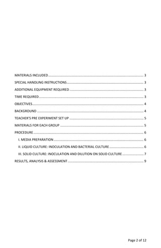Page 2 of 12
MATERIALS INCLUDED....................................................................................................... 3
SPECIAL HANDLING INSTRUCTIONS................................................................................... 3
ADDITIONAL EQUIPMENT REQUIRED ................................................................................ 3
TIME REQUIRED................................................................................................................. 3
OBJECTIVES........................................................................................................................ 4
BACKGROUND ................................................................................................................... 4
TEACHER’S PRE EXPERIMENT SET UP ................................................................................ 5
MATERIALS FOR EACH GROUP .......................................................................................... 5
PROCEDURE....................................................................................................................... 6
I. MEDIA PREPARATION................................................................................................. 6
II. LIQUID CULTURE: INOCULATION AND BACTERIAL CULTURE..................................... 6
III. SOLID CULTURE: INOCULATION AND DILUTION ON SOLID CULTURE....................... 7
RESULTS, ANALYSIS & ASSESSMENT.................................................................................. 9
 