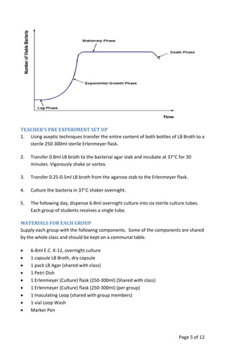 TEACHER’S PRE EXPERIMENT SET UP
1. Using aseptic techniques transfer the entire content of both bottles of LB Broth to a
sterile 250‐300ml sterile Erlenmeyer flask.
2. Transfer 0.8ml LB broth to the bacterial agar stab and incubate at 37°C for 30
minutes. Vigorously shake or vortex.
3. Transfer 0.25‐0.5ml LB broth from the agarose stab to the Erlenmeyer flask.
4. Culture the bacteria in 37°C shaker overnight.
5. The following day, dispense 6‐8ml overnight culture into six sterile culture tubes.
Each group of students receives a single tube.
MATERIALS FOR EACH GROUP
Supply each group with the following components. Some of the components are shared
by the whole class and should be kept on a communal table.
• 6‐8ml E.C. K‐12, overnight culture
• 1 capsule LB Broth, dry capsule
• 1 pack LB Agar (shared with class)
• 1 Petri Dish
• 1 Erlenmeyer (Culture) flask (250‐300ml) (Shared with class)
• 1 Erlenmeyer (Culture) flask (250‐300ml) (per group)
• 1 Inoculating Loop (shared with group members)
• 1 vial Loop Wash
• Marker Pen
Page 5 of 12
 