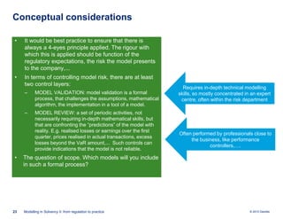 Conceptual considerations
•

It would be best practice to ensure that there is
always a 4-eyes principle applied. The rigour with
which this is applied should be function of the
regulatory expectations, the risk the model presents
to the company,...

•

In terms of controlling model risk, there are at least
two control layers:
‒

‒

•

23

MODEL VALIDATION: model validation is a formal
process, that challenges the assumptions, mathematical
algorithm, the implementation in a tool of a model.
MODEL REVIEW: a set of periodic activities, not
necessarily requiring in-depth mathematical skills, but
that are confronting the “predictions” of the model with
reality. E.g. realised losses or earnings over the first
quarter, prices realised in actual transactions, excess
losses beyond the VaR amount,... Such controls can
provide indications that the model is not reliable.

Requires in-depth technical modelling
skills, so mostly concentrated in an expert
centre, often within the risk department

Often performed by professionals close to
the business, like performance
controllers,….

The question of scope. Which models will you include
in such a formal process?

Modelling in Solvency II: from regulation to practice

© 2010 Deloitte

 