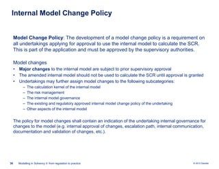 Internal Model Change Policy

Model Change Policy: The development of a model change policy is a requirement on
all undertakings applying for approval to use the internal model to calculate the SCR.
This is part of the application and must be approved by the supervisory authorities.
Model changes
• Major changes to the internal model are subject to prior supervisory approval
• The amended internal model should not be used to calculate the SCR until approval is granted
• Undertakings may further assign model changes to the following subcategories:
‒
‒
‒
‒
‒

The calculation kernel of the internal model
The risk management
The internal model governance
The existing and regulatory approved internal model change policy of the undertaking
Other aspects of the internal model

The policy for model changes shall contain an indication of the undertaking internal governance for
changes to the model (e.g. internal approval of changes, escalation path, internal communication,
documentation and validation of changes, etc.).

30

Modelling in Solvency II: from regulation to practice

© 2010 Deloitte

 