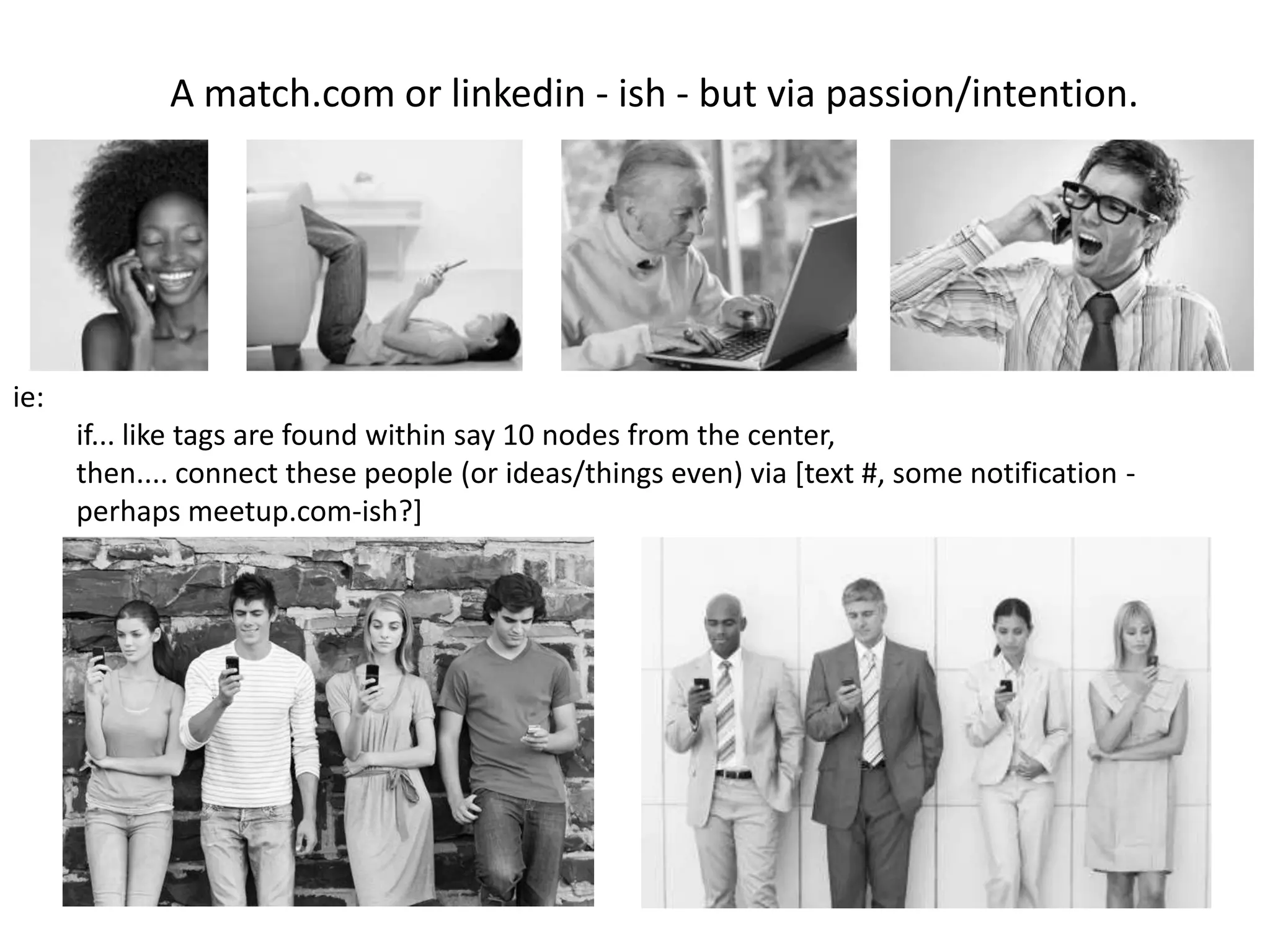 A match.com or linkedin - ish - but via passion/intention.




ie:
      if... like tags are found within say 10 nodes from the center,
      then.... connect these people (or ideas/things even) via [text #, some notification -
      perhaps meetup.com-ish?]
 