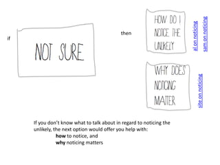 sam on noticing
                                                                                al on noticing
                                             then
if




                                                                                            site on noticing
     If you don’t know what to talk about in regard to noticing the unlikely,
     the next option would offer you help with:
               how to notice, and
               why noticing matters
 