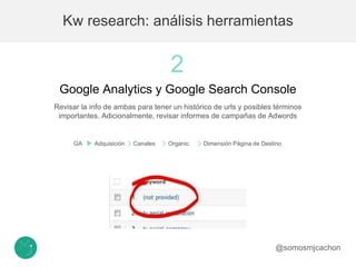 Google Analytics y Google Search Console
Revisar la info de ambas para tener un histórico de urls y posibles términos
impo...