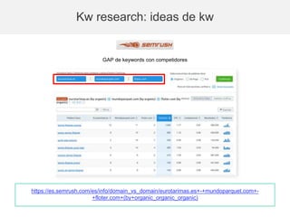 GAP de keywords con competidores
Kw research: ideas de kw
https://es.semrush.com/es/info/domain_vs_domain/eurotarimas.es+-...