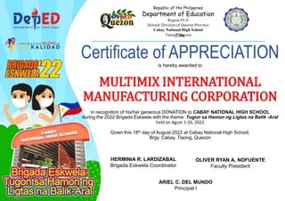 This
Certificate of APPRECIATION
is hereby awarded to
MULTIMIX INTERNATIONAL
MANUFACTURING CORPORATION
in recognition of h...