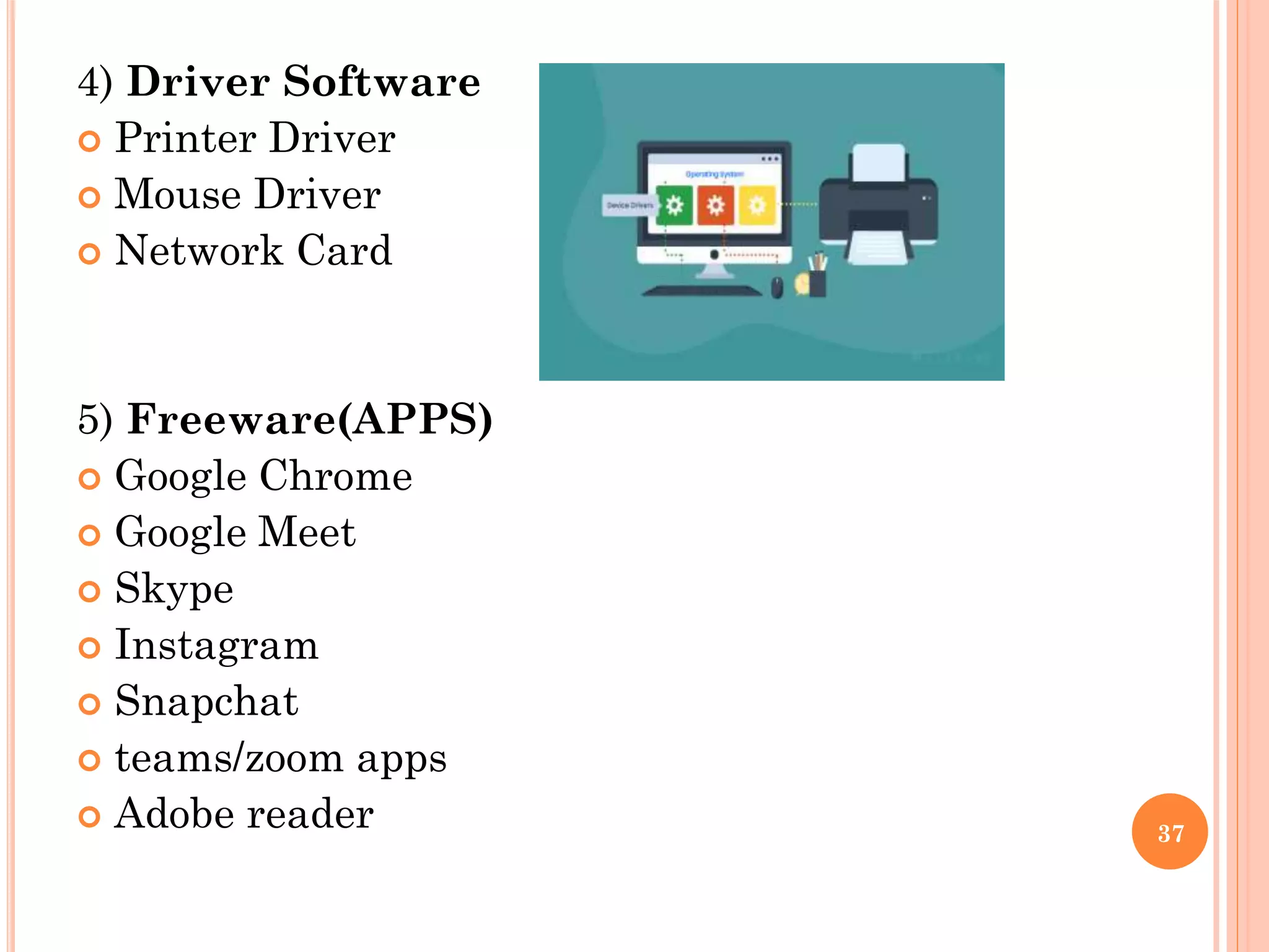 4) Driver Software
 Printer Driver
 Mouse Driver
 Network Card
5) Freeware(APPS)
 Google Chrome
 Google Meet
 Skype
 Instagram
 Snapchat
 teams/zoom apps
 Adobe reader 37
 