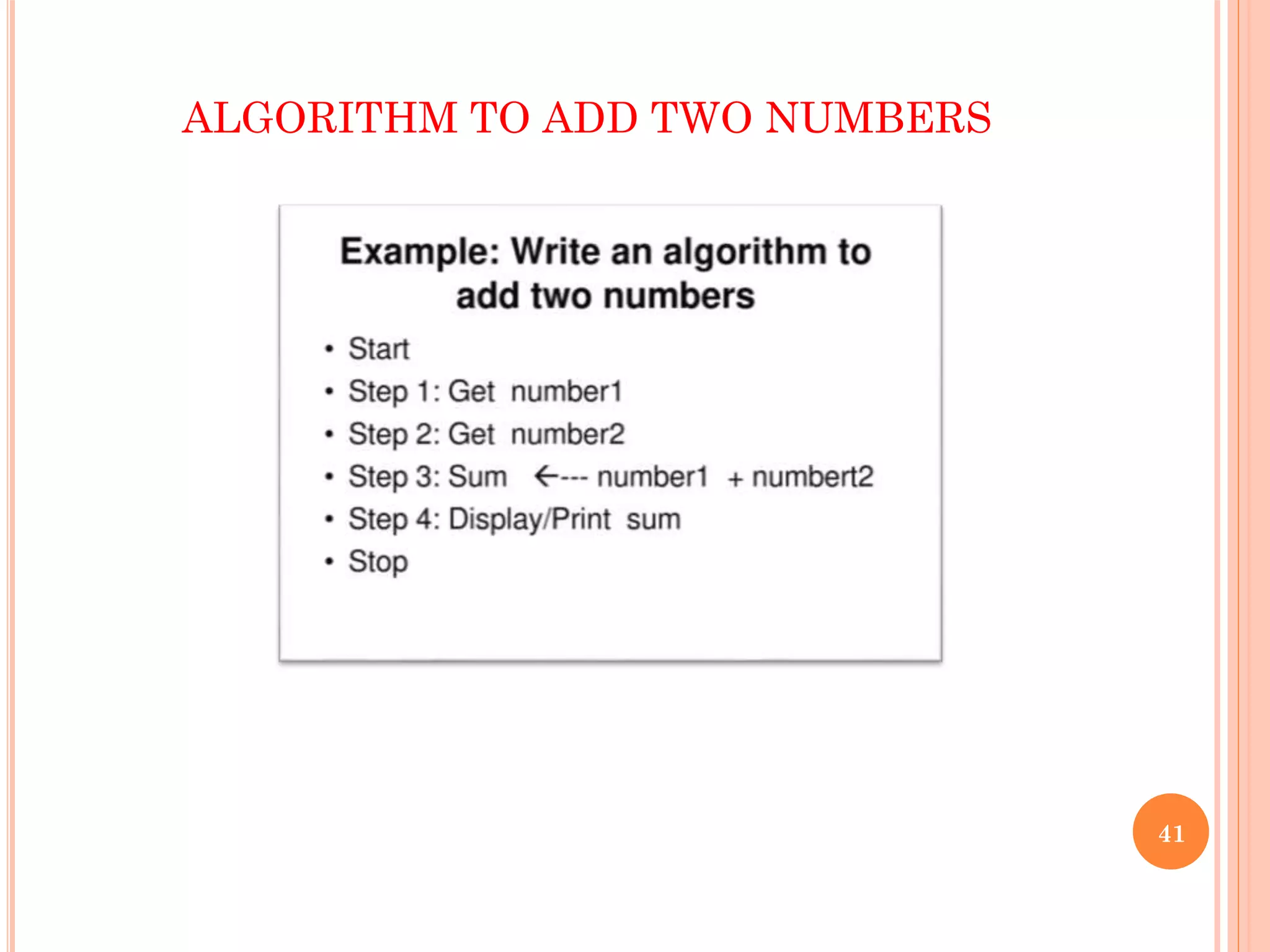41
ALGORITHM TO ADD TWO NUMBERS
 