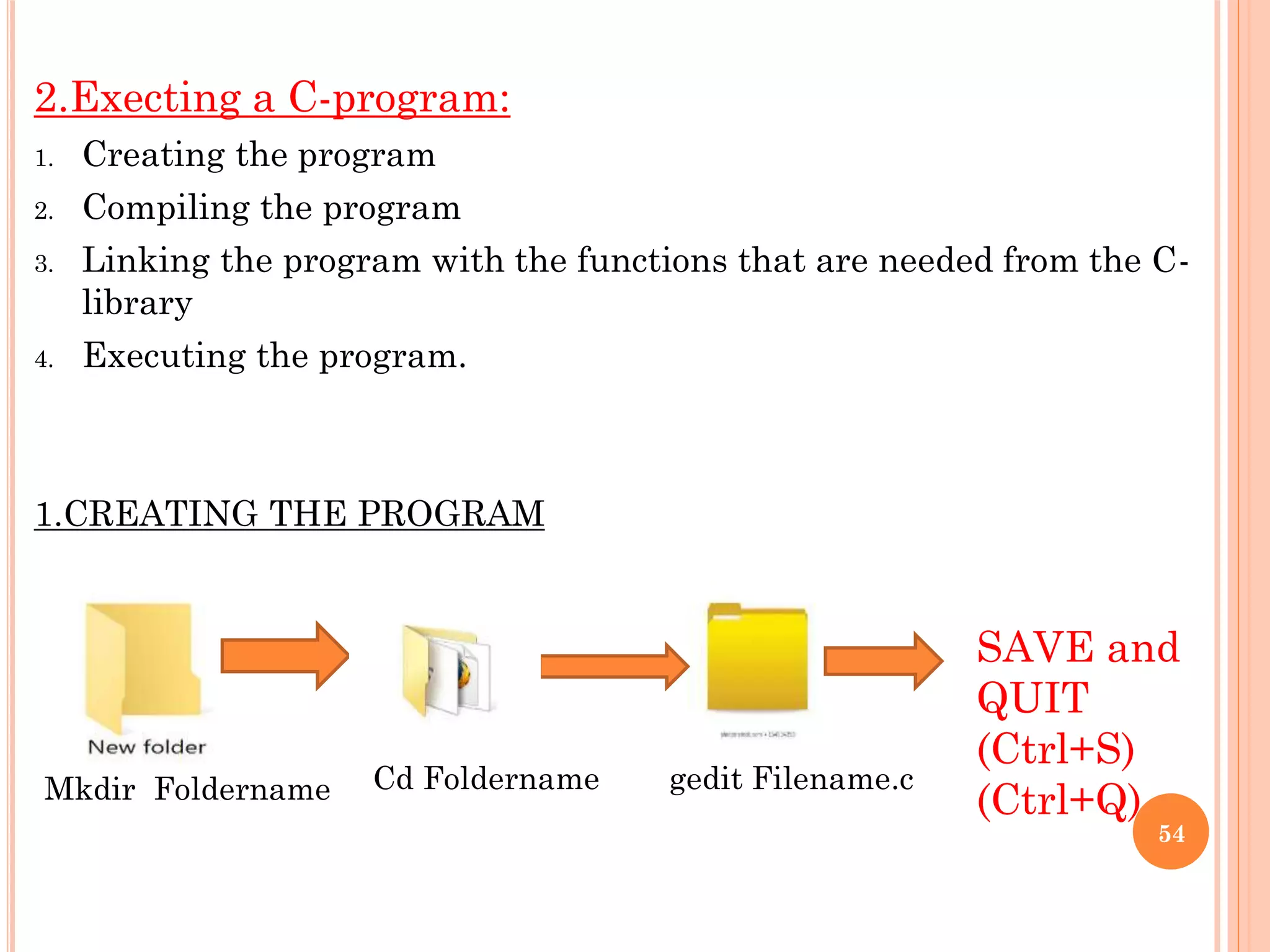 2.Execting a C-program:
1. Creating the program
2. Compiling the program
3. Linking the program with the functions that are needed from the C-
library
4. Executing the program.
1.CREATING THE PROGRAM
54
Mkdir Foldername Cd Foldername gedit Filename.c
SAVE and
QUIT
(Ctrl+S)
(Ctrl+Q)
 