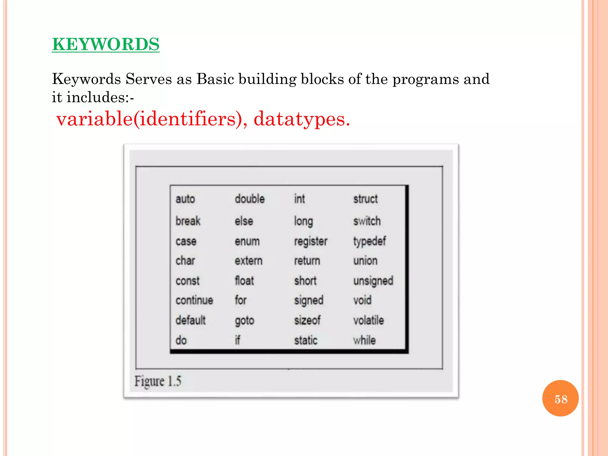 58
Keywords Serves as Basic building blocks of the programs and
it includes:-
variable(identifiers), datatypes.
KEYWORDS
 