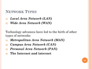 NETWORK TYPES
1) Local Area Network (LAN)
2) Wide Area Network (WAN)
Technology advances have led to the birth of other
types of networks
1) Metropolitan Area Network (MAN)
2) Campus Area Network (CAN)
3) Personal Area Network (PAN)
4) The Internet and internet
28
 